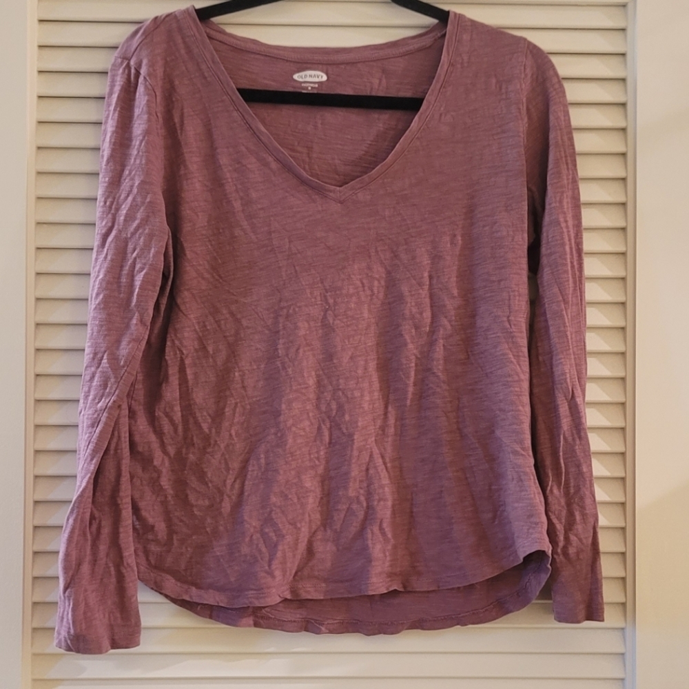 Old Navy - Mauve 100% Cotton Long-Sleeve V-Neck Top
